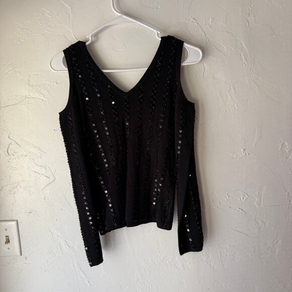 Y2K Cabo Black Cold Shoulder Sequin Top Size S Going Out Party Knit Shirt - Picture 6 of 8